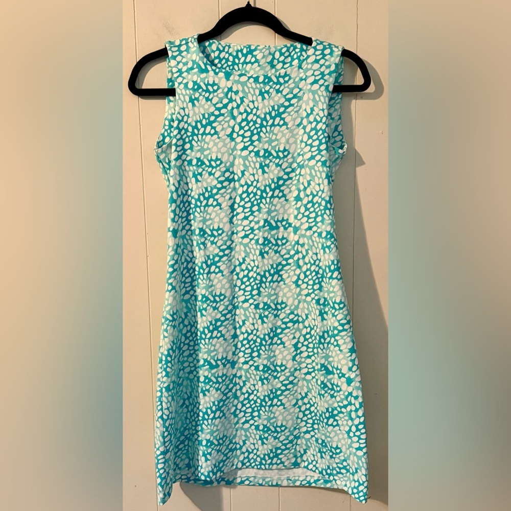 Mahi Gold Blue White print Stretch Dress  Sleeveless Size S